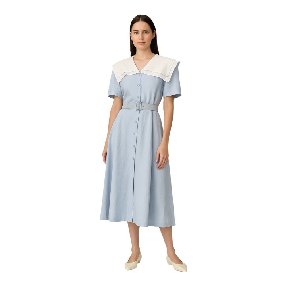 Vintage Light Blue Midi Dress with White Sailor Collar